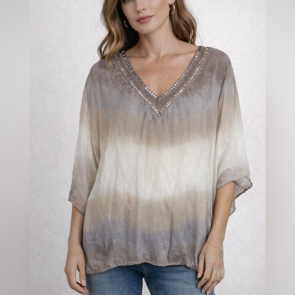 Baci Ombre Silk Viscose Sequin V-Neck Blouse Tunic Dolman Sleeve Size M